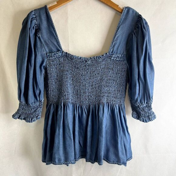 K/Lab Smocked Bodice Tencel Denim Blouse Size Small - Picture 11 of 11